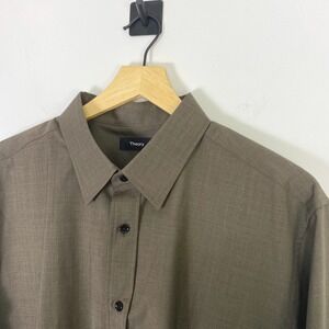 Theory Mens Hugh Long Sleeve Button Up Dress Shirt XL Brown Wool Business Career